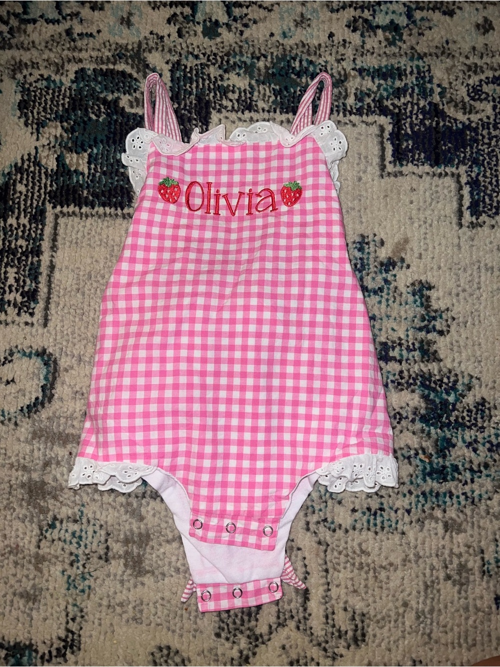 Personalized Pink Gingham Baby Romper with Strawberries - "Olivia"